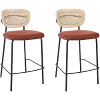 Beliani Set aus 2 Barstühlen Orange Polyesterpolsterung Naturrattan Wiener Geflecht Rückenlehne Schwarz Metallbeine Armlose Hocker