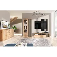 Lomadox Wohnwand 4-teilig inkl. Sideboard Eiche mit schwarz CALLAO-161