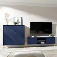 Lomadox Wohnwand blau modern, goldene Füße, mit Highboard und Lowboard, 2-teilig RIPLEY-166
