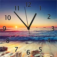 Wallario Design Wanduhr Sonnenuntergang am Meer mit Wellen am Strand aus Echtglas, Größe 30 x 30 cm