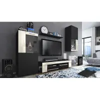 Vladon Wohnwand Movie, Anbauwand bestehend aus 1 TV-Board, 2 Vitrinen und 1 Regal, Schwarz matt/Schwarz matt/Creme Hochglanz (Gesamt: 300 x 190 x 39 cm)