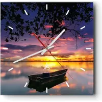ARTTOR Wanduhr - Quadrat - Glasuhr - Boot Sonnenuntergang See Himmel - 40x40cm - Schleichendes Uhrwerk - Lautlos - zum Aufhängen bereit - Dekoration Modern - Wanddekoration aus Glas - C3AC40x40-2967