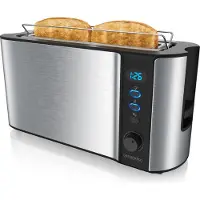 Arendo Toaster 2 Scheiben, Langschlitztoaster, Langschlitz, Edelstahl, 1000W, Display mit Restzeitanzeige, Brötchenaufsatz, Defrost Funktion, Wärmeisolierendes Gehäuse, silber