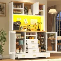 OKWISH Küchenschrank Stauraumwunder mit Led Lichtband und Glastüren mit Strukturglas Hochschrank Sideboard Staubsaugerroboter Fach Für Küche und Essbereich MDF Weiß