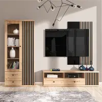 Lomadox Wohnwand 3-teilig Eiche mit schwarz CALLAO-161
