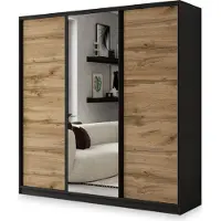 Masseno Schiebetürenschrank SORE 180/205/58 cm Kleiderschrank mit 4 Schubladen Schlafzimmer Schrank 3-türig mit Spiegel Schwarz / Eiche Wotan