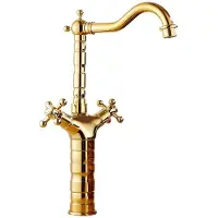 WOHNSTIL Antike Messingarmatur, Zweigriff-Mischbatterie, Keramikkartusche tropffrei, gebürstetes Retro-Design, langlebiger Messingkörper, Gold Hoch