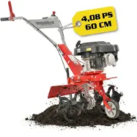 HECHT Motorhacke Gartenfräse Benzin 747 | 60 cm Arbeitsbreite | 25 Arbeitstiefe | 3kW / 4,08PS | 173 cm³ | Führungsrad