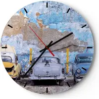 ARTTOR Wanduhr - Rund - Glasuhr - Havanna Oldtimer Autos - 30x30cm - Schleichendes Uhrwerk - Lautlos - zum Aufhängen bereit - Dekoration Modern - Wanddekoration aus Glas - C3AR30x30-4376