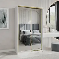Masseno Schiebetürenschrank RIEN 120/205/60 cm Kleiderschrank mit Schubladen Schlafzimmer Schrank 2-türig mit Spiegel Weiß + Gold