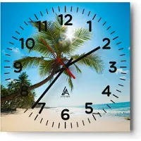 ARTTOR Wanduhr - Quadrat - Glasuhr - Strand Palme Meer - 40x40cm - Schleichendes Uhrwerk - Lautlos - zum Aufhängen bereit - Dekoration Modern - Wanddekoration aus Glas - C4AC40x40-3570