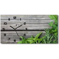 Tulup Wanduhr aus Glas – 60x30 cm - Glasbild - Glasuhr - Gehärtetes Glas - schwarze-zeiger - Holz Hintergrund Kräuter