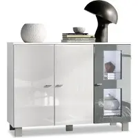 Vladon Sideboard Denjo, Germany, Kommode mit 3 Türen, Weiß matt/Weiß Hochglanz/Grau Hochglanz, inkl. LED-Beleuchtung (107 x 81 x 35 cm)