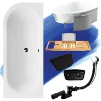 Besco Badewanne Eckwanne Set 5in1 170x75 Rechts + Ablaufgarnitur und Füßen GRATIS + Styropor + Bambus Holzablage + Kopfstütze in Schwarz | BADLAND AVITA