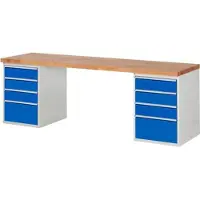 RAU Werkbank mit 8 Schubladen - Teilauszug - 150:6 / 270:2 - 840 x 2.500 x 700 mm (HxBxT) - Traglast 1.000 kg - Buche