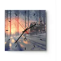 ARTTOR Wanduhr - Quadrat - Glasuhr - Winter Wald Hütte - 30x30cm - Schleichendes Uhrwerk - Lautlos - zum Aufhängen bereit - Dekoration Modern - Wanddekoration aus Glas - C3AC30x30-3854