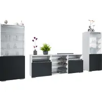 Vladon Wohnwand Granada, Anbauwand bestehend aus 2 Vitrinen und 1 TV-Board, Weiß matt/Schwarz matt (286 x 122,5 x 35 cm)