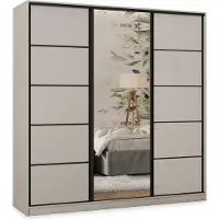 Masseno Schiebetürenschrank PINA 180/205/58 cm Kleiderschrank mit 4 Schubladen Schlafzimmer Schrank 3-türig mit Spiegel Kaschmir