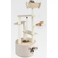 Markenlos Kratzbaum Holz, 141 cm, Katzenbaum mit großer Katzenhöhle, Hängematte, Sisal-Kratzpfosten, Ball & Plattformen, Dicker Stamm, Katzenkratzbaum Katzen, Kletterbaum Aktivitätsbaum, Natur