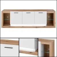 Lomadox Wohnzimmer-Set mit Lowboard & Vitrinenschränken in Eiche mit weiß matt, inkl. LED Beleuchtung, modern, 3-teilig BELLAGIO-61