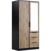 Mirjan 24 Kleiderschrank Lati D2, Drehtürenschrank mit 2 Drehtüren und 3 Schubladen, Frontspiegel (Farbe: Schwarz / Eiche Viking)