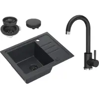VBChome Spülbecken Granit Schwarz mit Armatur 55 x 44 cm Einzelbecken Einbauspüle Gesprenkelt Reversibel Granitspüle Schwarz Siphon Waschbecken
