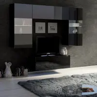 Lomadox Wohnwand mit 2 Hängevitrinen in schwarz Hochglanz mit LED Beleuchtung CAIRNS-132, B/H/T ca. 195/200/43 cm