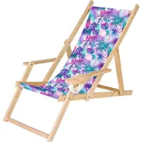 Ferocity Holz Liegestuhl Klappbar Klappliegestuhl mit Armlehne und Getränkehalter Strandstuhl Motiv Palmen Magenta-Türkis [119]