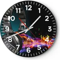 ARTTOR Wanduhr - Rund - Glasuhr - Feuer Audio Kopfhörer - 30x30cm - Schleichendes Uhrwerk - Lautlos - zum Aufhängen bereit - Dekoration Modern - Wanddekoration aus Glas - C4AR30x30-2653