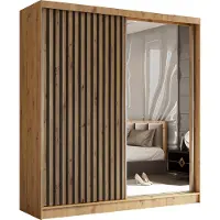 Masseno Schiebetürenschrank LAMELLO 200 cm Kleiderschrank Schlafzimmer Schrank 2-türig mit Spiegel und Lamellen Eiche Artisan