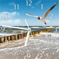 Wallario Design Wanduhr Fliegende Möwe am Strand aus Echtglas, Größe 20 x 20 cm
