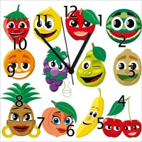 Wallario Design Wanduhr Obst-Smilies im Comic-Stil - Lustige Früchte aus Echtglas, Größe 30 x 30 cm