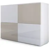 Vladon Sideboard Rova, Germany, Kommode mit 4 Türen, Weiß matt/Weiß Hochglanz/Sandgrau Hochglanz (92 x 72 x 35 cm)