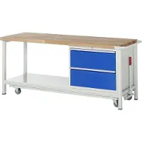 RAU Mobile absenkbare Werkbank, Ablageboden, 2 XL Schubladen - Vollauszug - 270:2 - 880 x 2.000 x 700 mm (HxBxT) - Traglast 1.250 kg - Buche