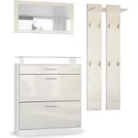 Vladon Garderobe Loret mini, Garderobenset bestehend aus 1 Schuhschrank, 1 Wandspiegel und 2 Garderobenpaneele, Weiß matt/Creme Hochglanz
