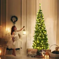 Goplus 198cm Künstlicher Weihnachtsbaum Tannenbaum mit LED Licht und Metallständer, Christbaum PVC, schwer entflammbar und Schnellaufbau, für Innen- und Außenbreich