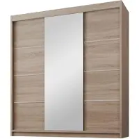 Beautysofa | Schiebetürenschrank MILO 200 cm mit Spiegel – Kleiderschrank Eiche Sonoma, 3 Schiebetüren, 4 Schubladen, 2 Kleiderstangen