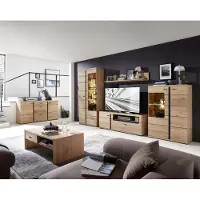 Lomadox Modernes Wohnzimmer Set inkl. Sideboard und Couchtisch mit Esche Massivholzfronten und Beleuchtung STAVEN-36 mit Absetzungen in schwarz matt