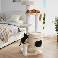 Markenlos Kratzbaum groß, 151 cm, Katzenbaum Holz, Katzenkratzbaum mit dicken Stämmen, Plattformen, Katzenhöhle, Bett, Kratzpfosten & Hängematte, Katzenturm Kletterbaum Katzen, Grau+Natur