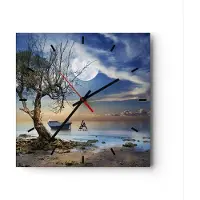 ARTTOR Wanduhr - Quadrat - Glasuhr - Nacht Mond Boot - 30x30cm - Schleichendes Uhrwerk - Lautlos - zum Aufhängen bereit - Dekoration Modern - Wanddekoration aus Glas - C3AC30x30-3457