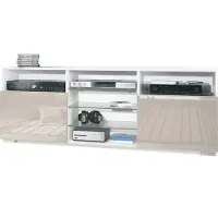Vladon TV-Board Granada, Lowboard mit 2 Türen und 6 offenen Fächern, Korpus Weiß matt, Fronten in Sandgrau Hochglanz (146 x 54 x 35 cm)