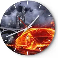 ARTTOR Wanduhr - Rund - Glasuhr - Auto Flammen Räder - 30x30cm - Schleichendes Uhrwerk - Lautlos - zum Aufhängen bereit - Dekoration Modern - Wanddekoration aus Glas - C3AR30x30-0209