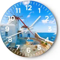 ARTTOR Wanduhr - Rund - Glasuhr - Griechenland Insel Küste Haus - 40x40cm - Schleichendes Uhrwerk - Lautlos - zum Aufhängen bereit - Dekoration Modern - Wanddekoration aus Glas - C4AR40x40-2424