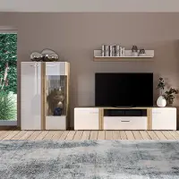 Lomadox Wohnwand modern in Eiche Nb. AKRON-131 mit Fronten in Hochglanz weiß 3-teilig mit TV-Lowboard