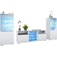 Vladon Wohnwand Granada, Anbauwand bestehend aus 2 Vitrinen und 1 TV-Board, Weiß matt/Weiß matt inkl. LED-Beleuchtung (286 x 122,5 x 35 cm)