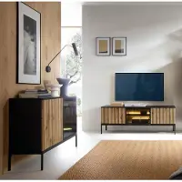 Lomadox Wohnzimmer Set, 2-teilig, inkl. Beleuchtung, schwarz mit Wotan Eiche SIBARI-160