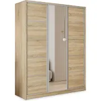 Masseno Schiebetürenschrank PINA 150/205/58 cm Kleiderschrank mit 4 Schubladen Schlafzimmer Schrank 3-türig mit Spiegel Sonoma Eiche