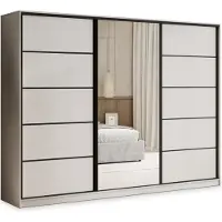 Masseno Schiebetürenschrank PINA 250/205/58 cm Kleiderschrank mit 4 Schubladen Schlafzimmer Schrank 3-türig mit Spiegel Kaschmir
