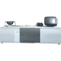 Vladon TV Lowboard Linio V1, Fernsehtisch mit 2 Türen und 2 Schubladen – Weiß / Grau Hochglanz (138,5 x 37,5 x 35 cm)
