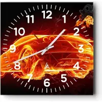 ARTTOR Wanduhr - Quadrat - Glasuhr - Auto Feuer Illustration - 40x40cm - Schleichendes Uhrwerk - Lautlos - zum Aufhängen bereit - Dekoration Modern - Wanddekoration aus Glas - C4AC40x40-0204